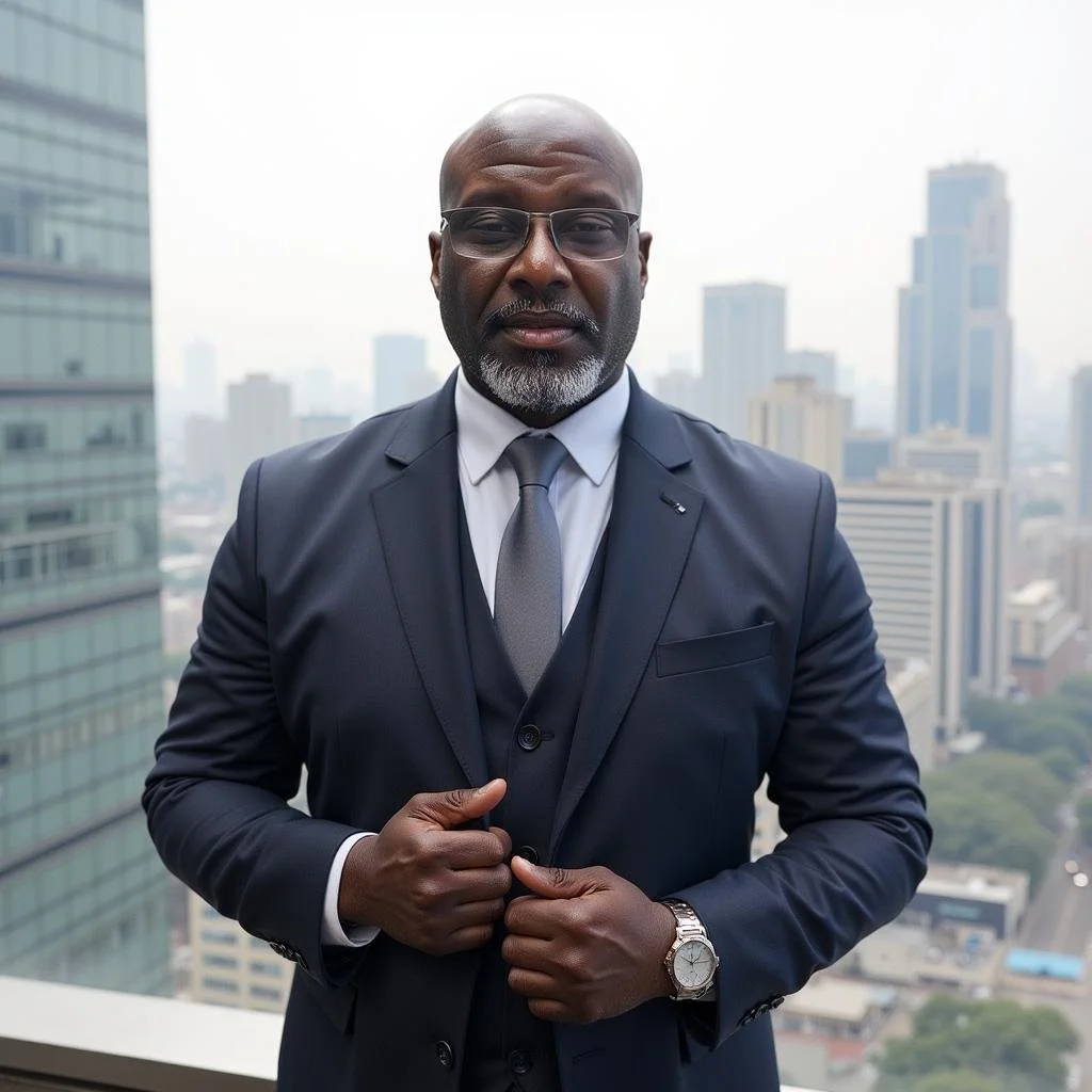 A confident man in a dark suit and tie, wearing glasses and a wristwatch, standing on a high balcony with a city skyline in the background.