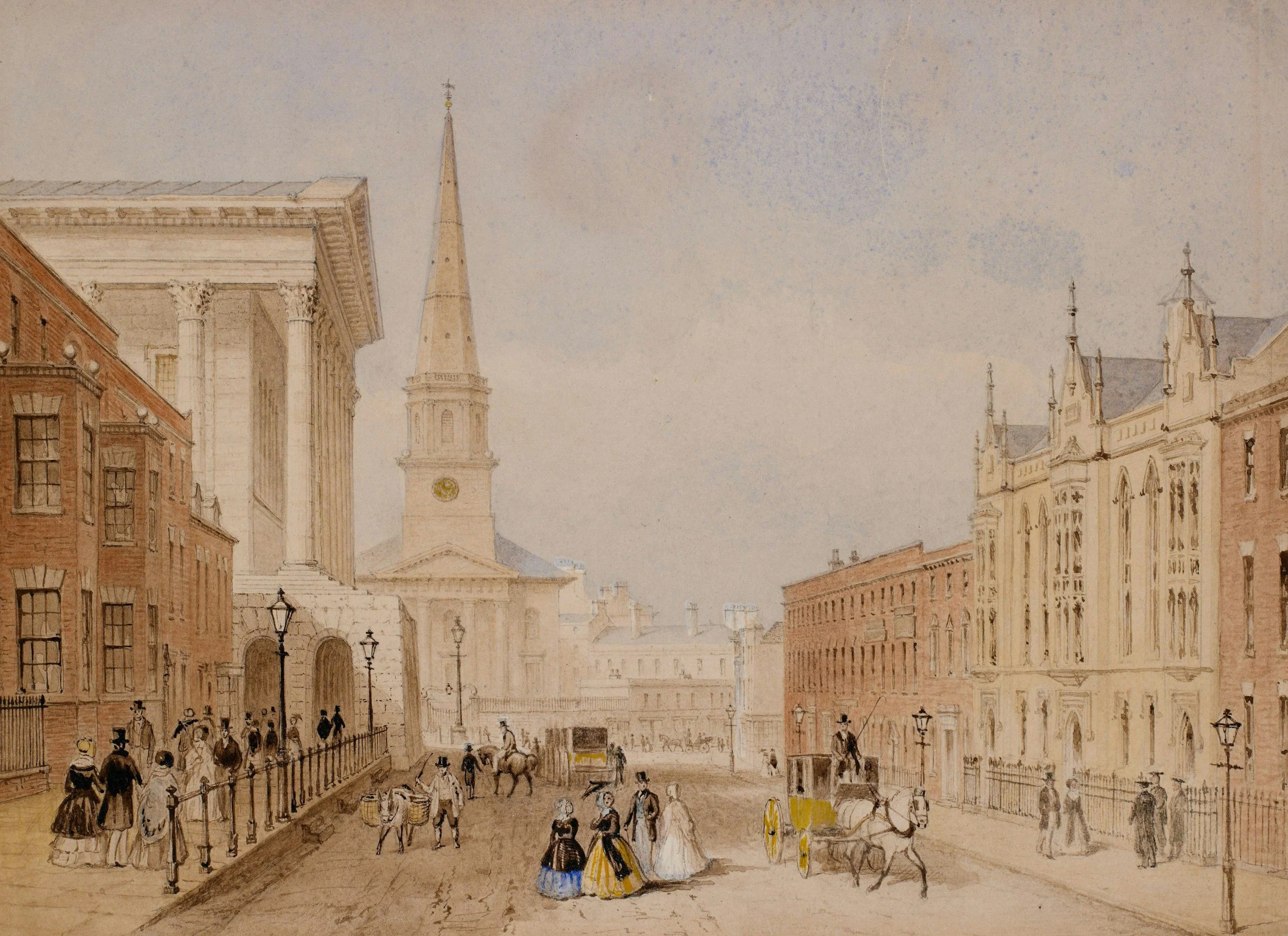 Victorian painting of a street and buildings