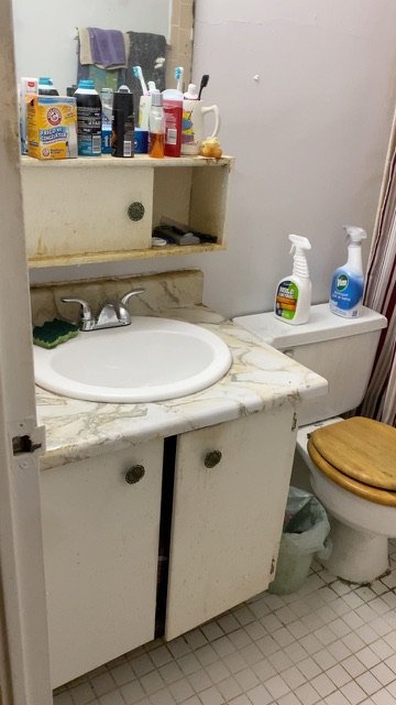 Before Picture of Bathroom sink with various toiletries on the shelf above, a toilet with cleaning spray on top, and a wooden toilet seat.