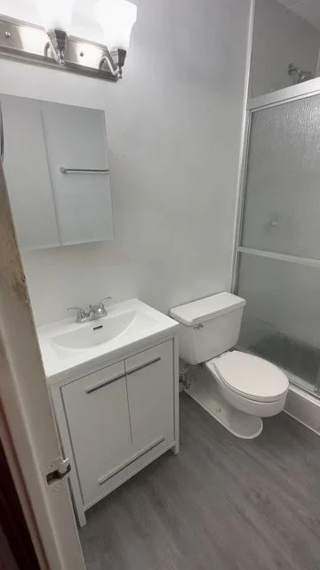 Small bathroom with a white sink vanity, a toilet, and a glass-enclosed shower.