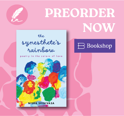 Promotional graphic for preordering the book "The Synesthete's Rainbow" by Nisha Srinivasa at Bookshop, with pink background, book cover showing colorful abstract shapes, and white text stating 'Preorder Now'.