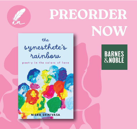 Preorder advertisement for a book titled 'The Synesthete's Rainbow' by Nisha Srinivasa, published by Barnes & Noble, on a pink background with a feather icon.