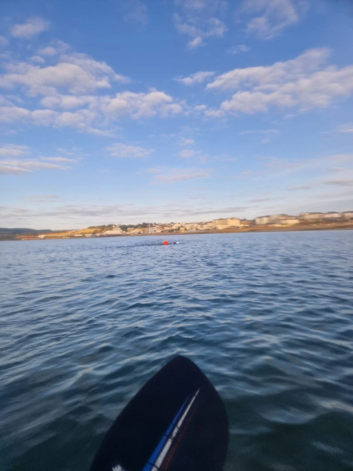 A body of water with a small boat or kayak in the distance, and a shoreline with buildings in the background under a partly cloudy sky.