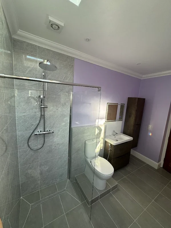 Bathroom with gray tiled floor and walk-in shower with glass partition, purple painted wall, white toilet on a raised platform, dark wood vanity with white sink, mirror cabinet, and tall dark wood storage cabinet.