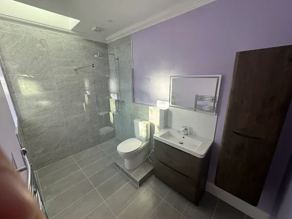 Modern bathroom with purple accent wall, gray tiled floor and shower, white toilet, and a dark wood vanity with a mirror.