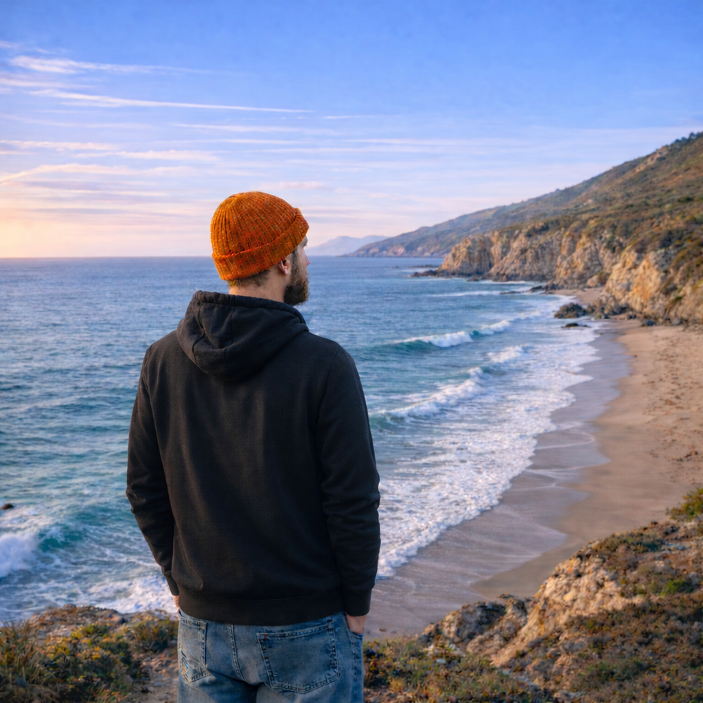 A man in a black hoodie and blue jeans, wearing an orange knit cap, stands on a cliff overlooking the ocean at sunset or sunrise, with cliffs and hills in the background.