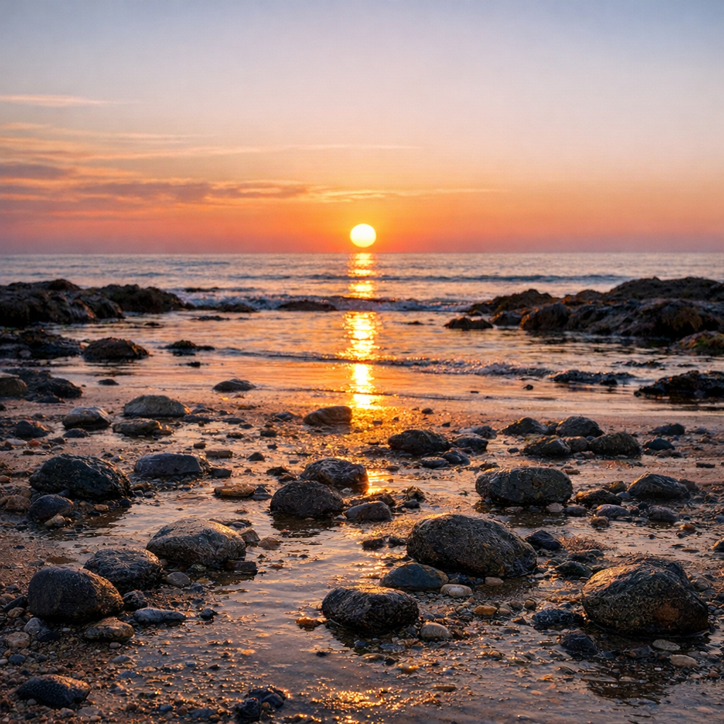 Sunset over the ocean with rocks and wet sand in the foreground.