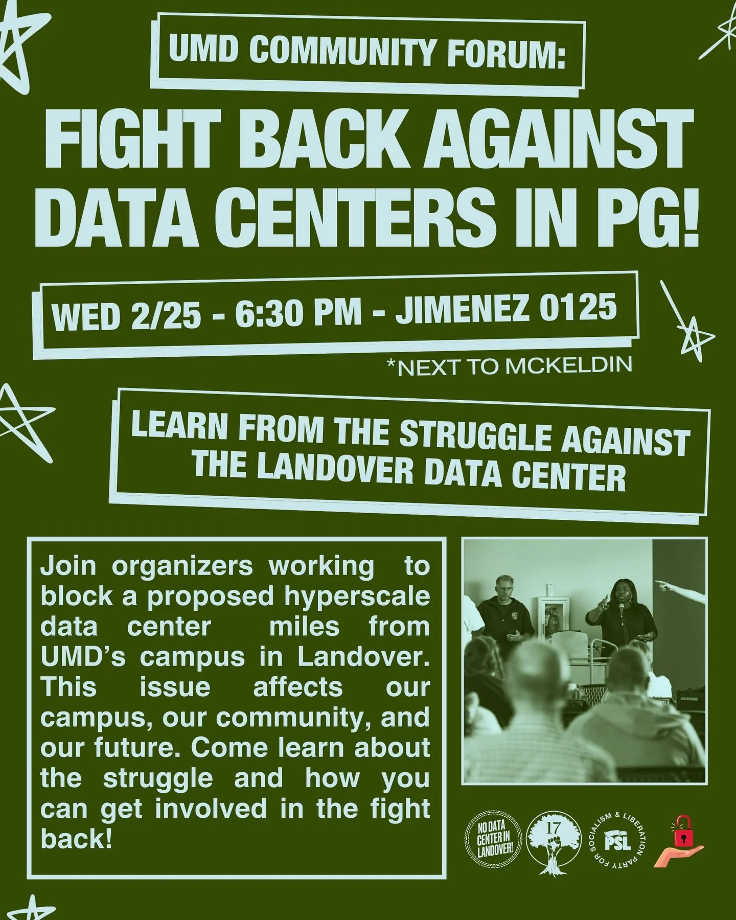 UMD community! Join us Wednesday to learn from organizers fighting the proposed Landover data center and get involved in the fight back!

🗓 Wednesday, February 25th at 6:30pm
📍Jimenez Hall 0125 (UMD College Park Campus)