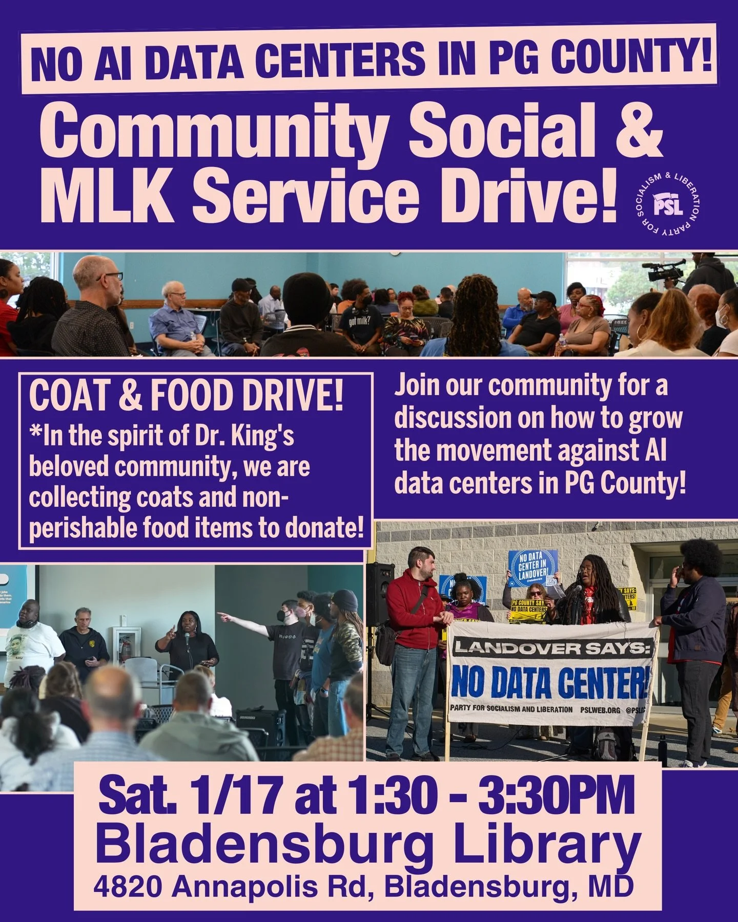 On Saturday, January 17th, join us for our next community meeting and social! 

To honor Martin Luther King Jr. day, we will also be collecting new and gently used coats as well as non-perishable food items to donate. 

We want you to be part of the 