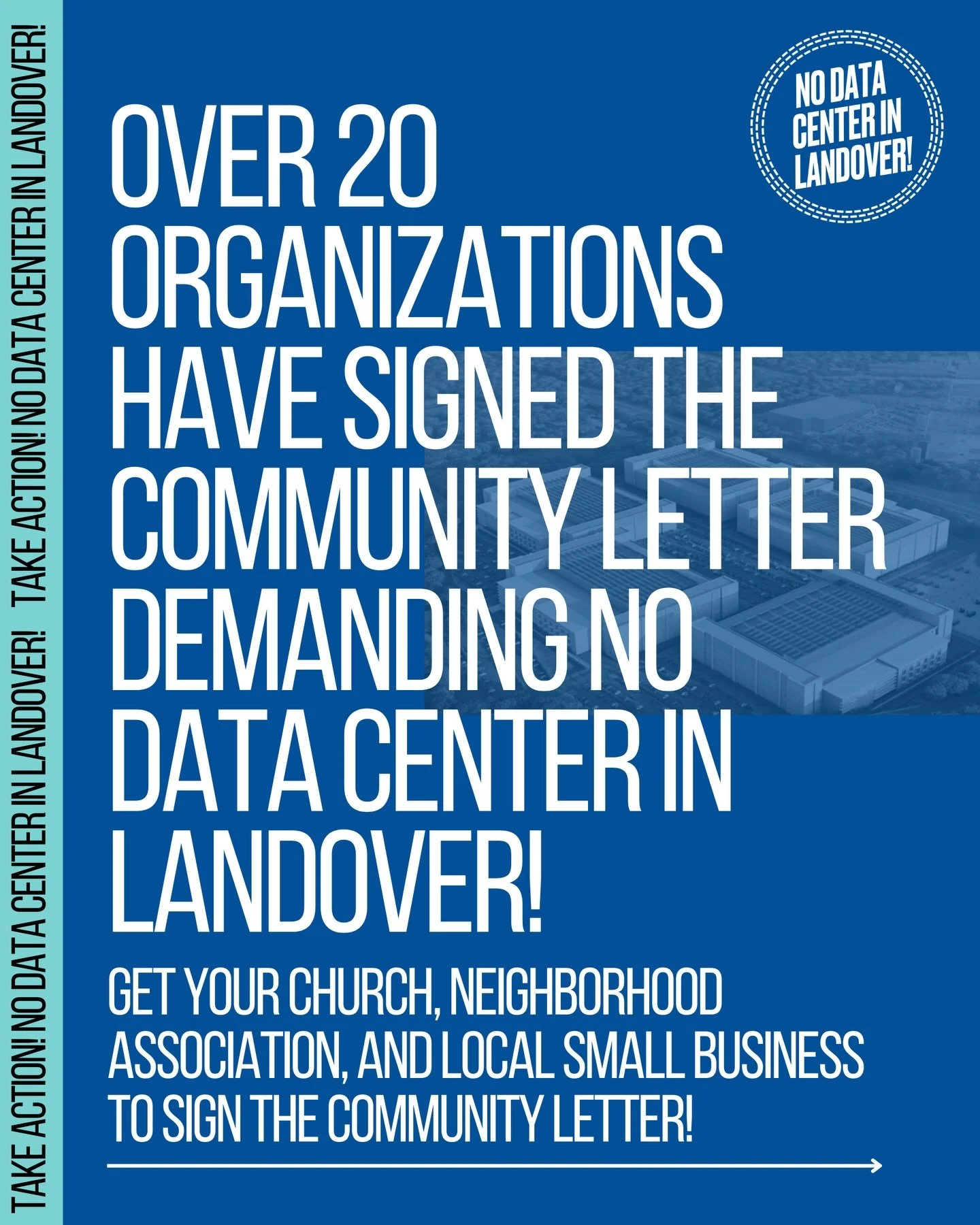 Get your church, religious institution, HOA, neighborhood association, PTA, student organization, local small business, social club, professional association, or any local organization to sign the community letter against the Landover Data Center!

O