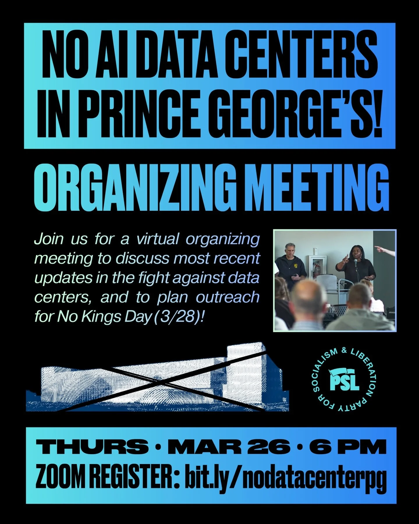 Join us Thursday evening, March 26th, for a virtual organizing meeting to catch up on the status of the movement against data centers in PG County and prepare for outreach at the upcoming No Kings Day rally on Saturday, March 28th!

We&rsquo;ll discu