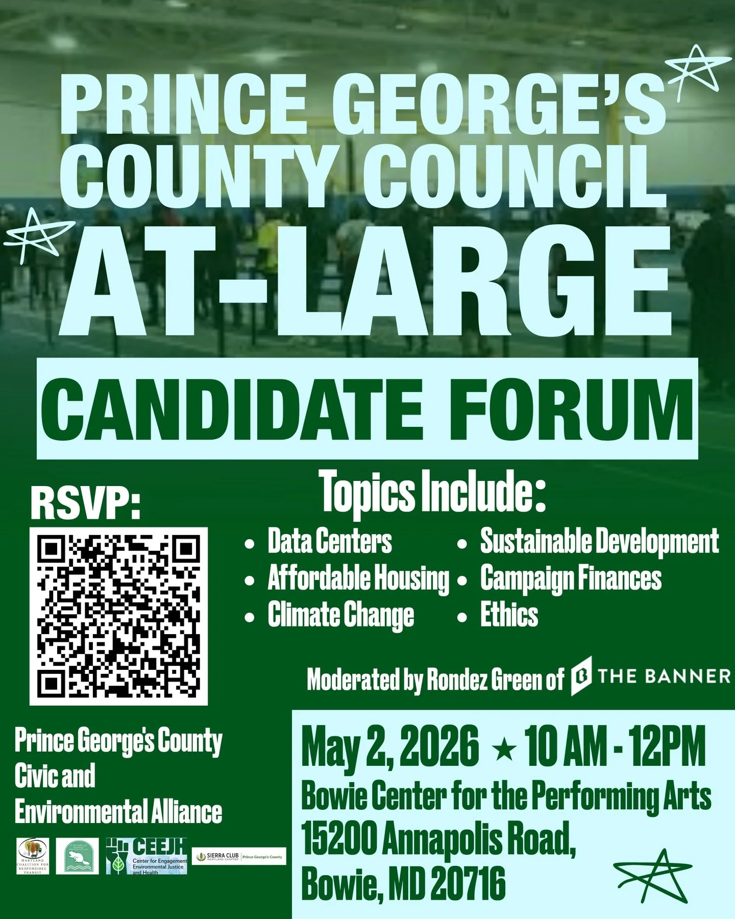 Join us this Saturday for the Prince George&rsquo;s County Council At-Large candidate forum. Topics include: data centers, sustainable development, affordable housing, campaign finances, climate change, ethics, and more!

Hosted by the Prince George&