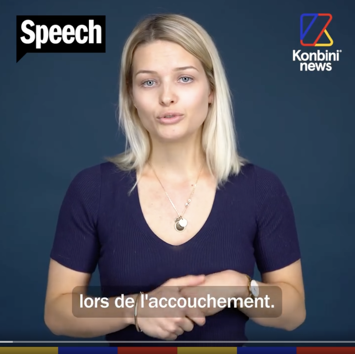 Interview d'une sage femme face caméra dans une vidéo d'information pour le média Konbini News avec le texte 'Speech' en haut à gauche.