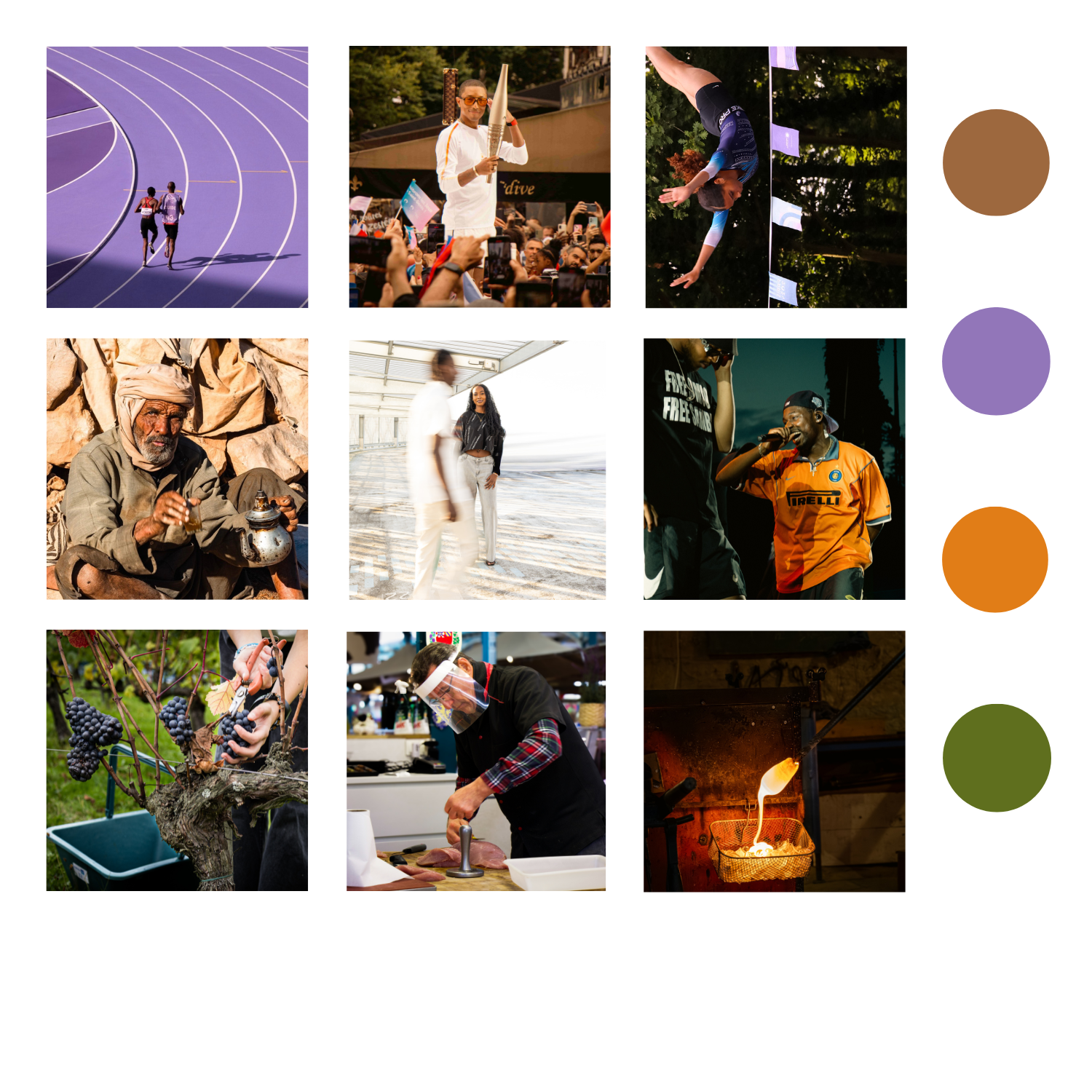 Une galerie de neuf photographies colorées représentant différentes activités : sports, concerts, mode, artisanat et portraits.