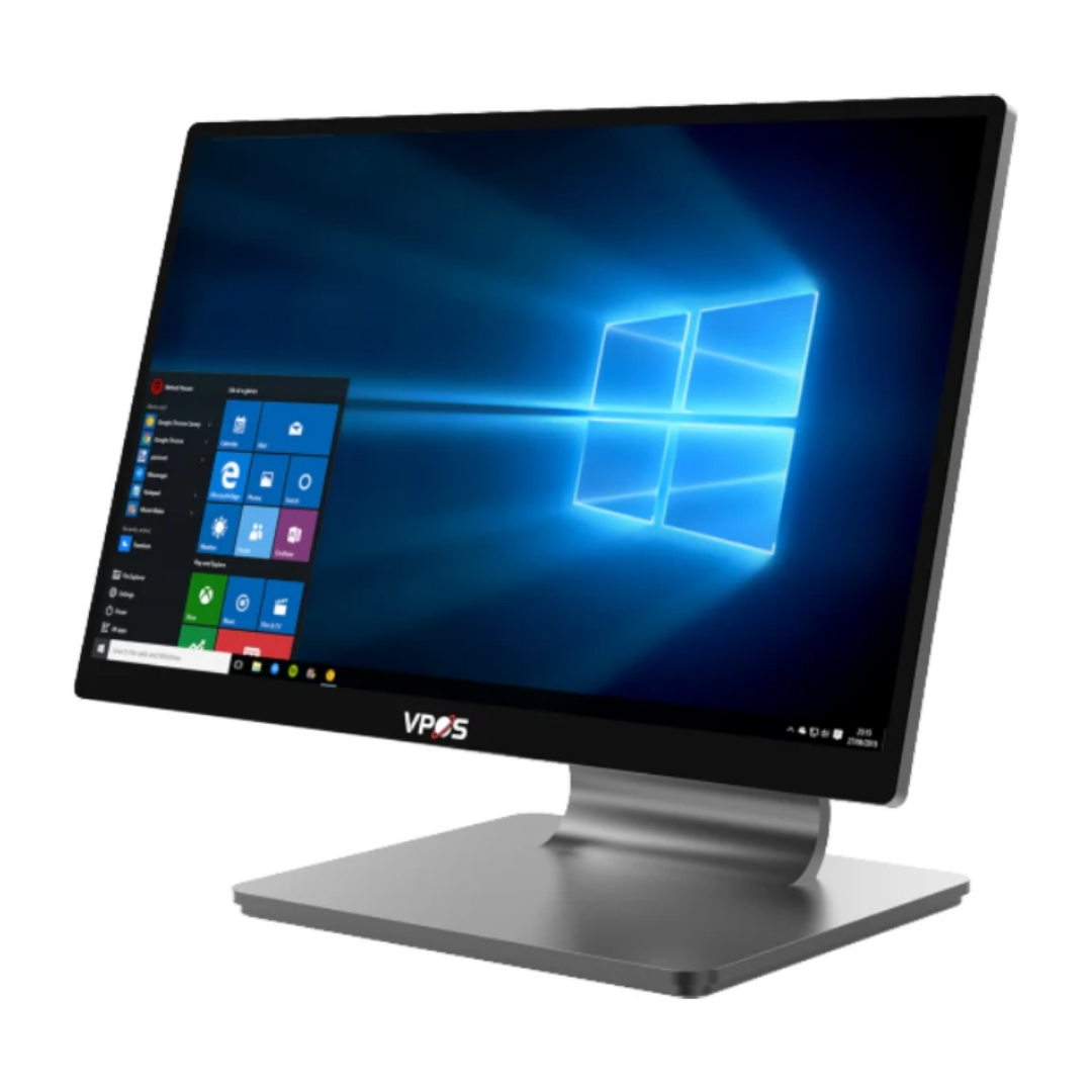 A computer monitor displaying the Windows 10 desktop with a Start menu open, on a silver stand with the brand logo VPOS at the bottom.