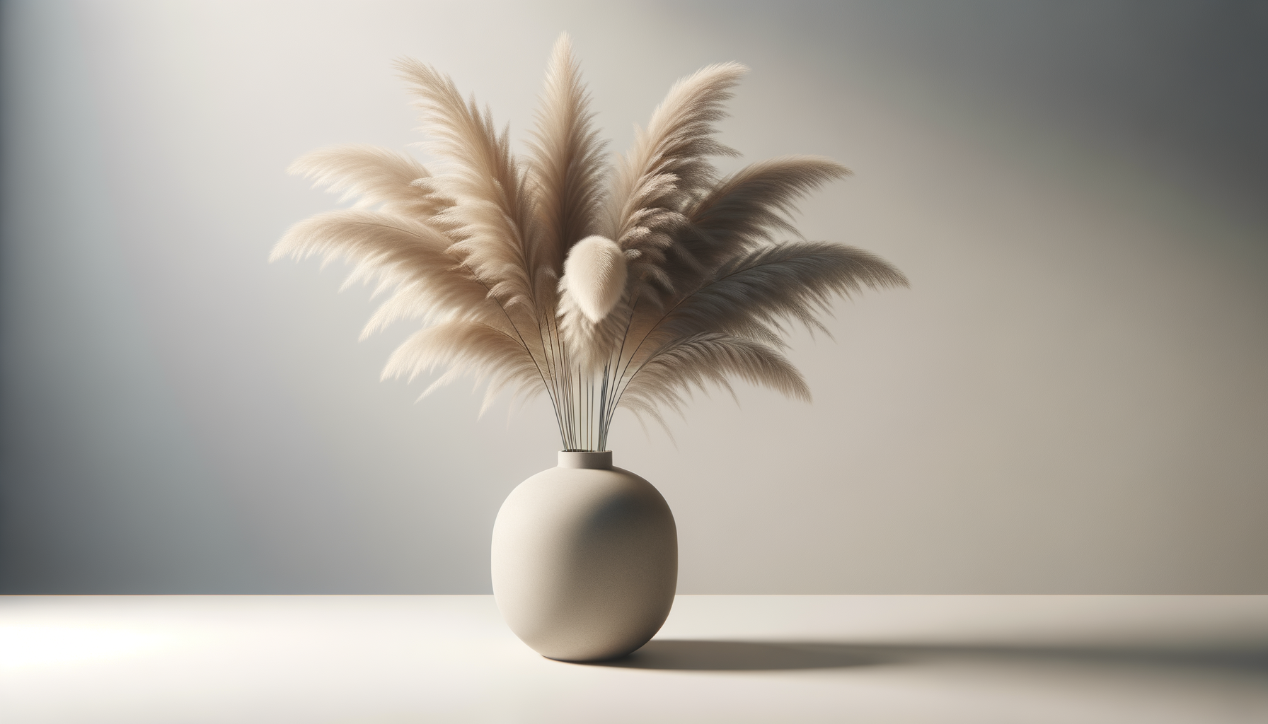 A beige vase with pampas grass and a plush bunny in the center