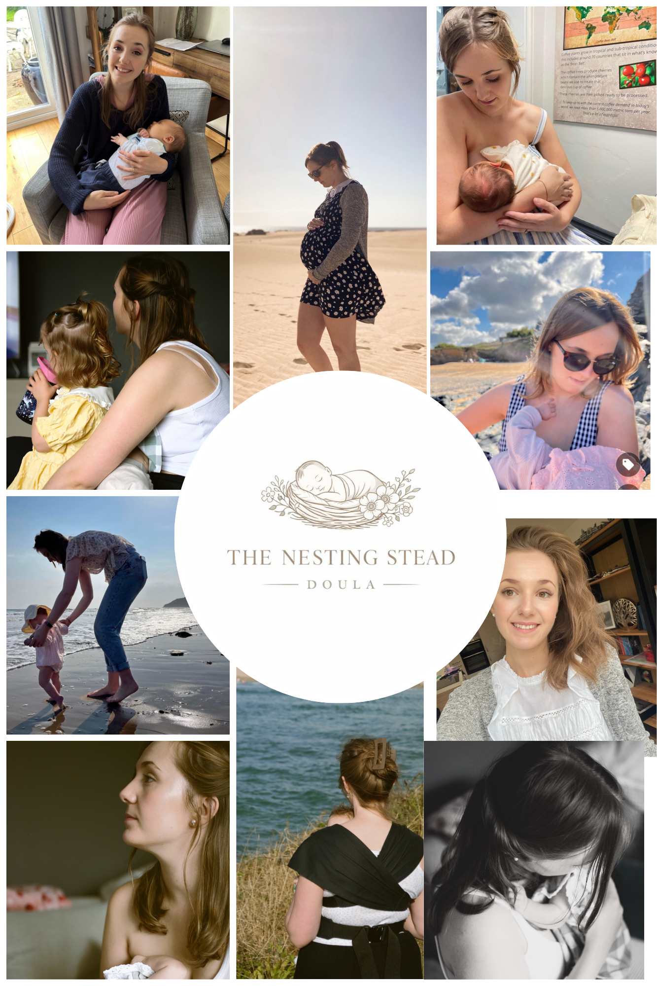 A collage of women and children in various outdoor and indoor settings, centered around a logo for 'The Nesting Stead Doula,' featuring a sleeping baby in a nest surrounded by flowers.