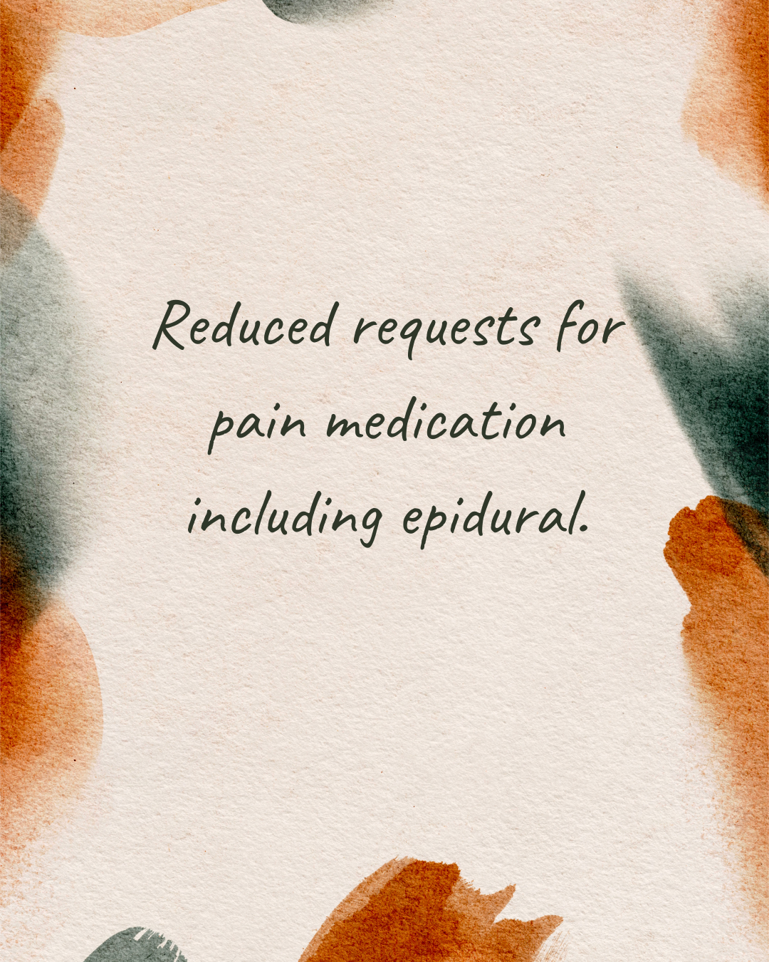 A textured paper background with watercolor floral accents in shades of orange, green, and beige. Text reads: "Reduced requests for pain medication including epidural."