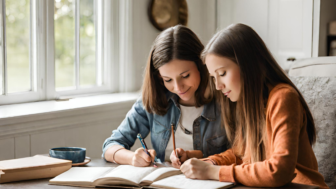 Two sisters reading and coloring