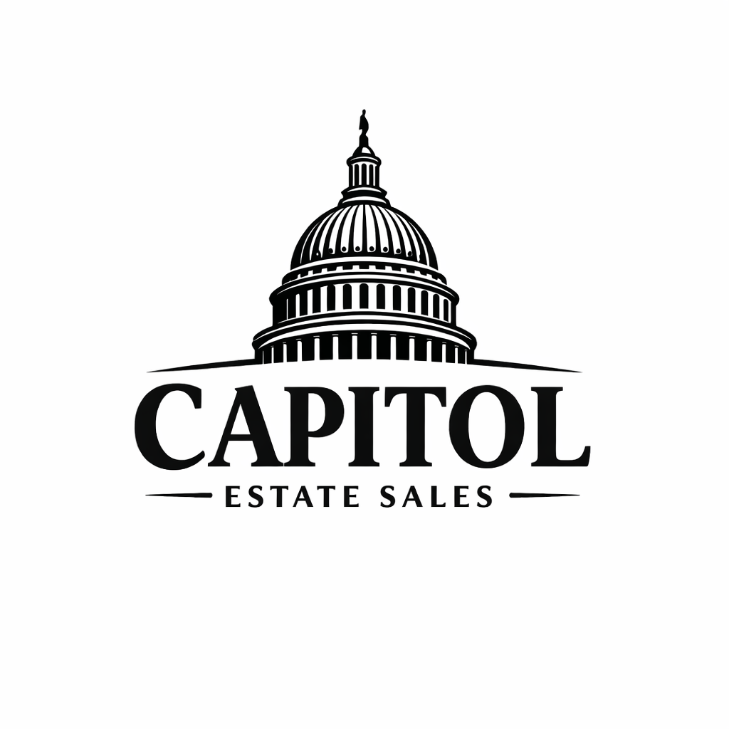 Black and white logo for Capitol Estate Sales featuring an illustration of the U.S. Capitol building above the text.