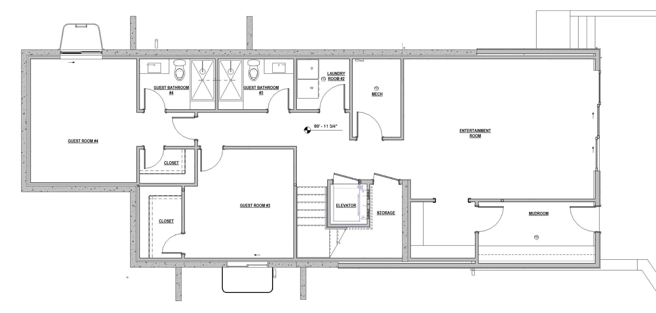 Floor plan of a building with multiple rooms including guest bedrooms, bathrooms, a laundry room, mechanical room, entertainment room, mudroom, storage, closets, and an elevator.