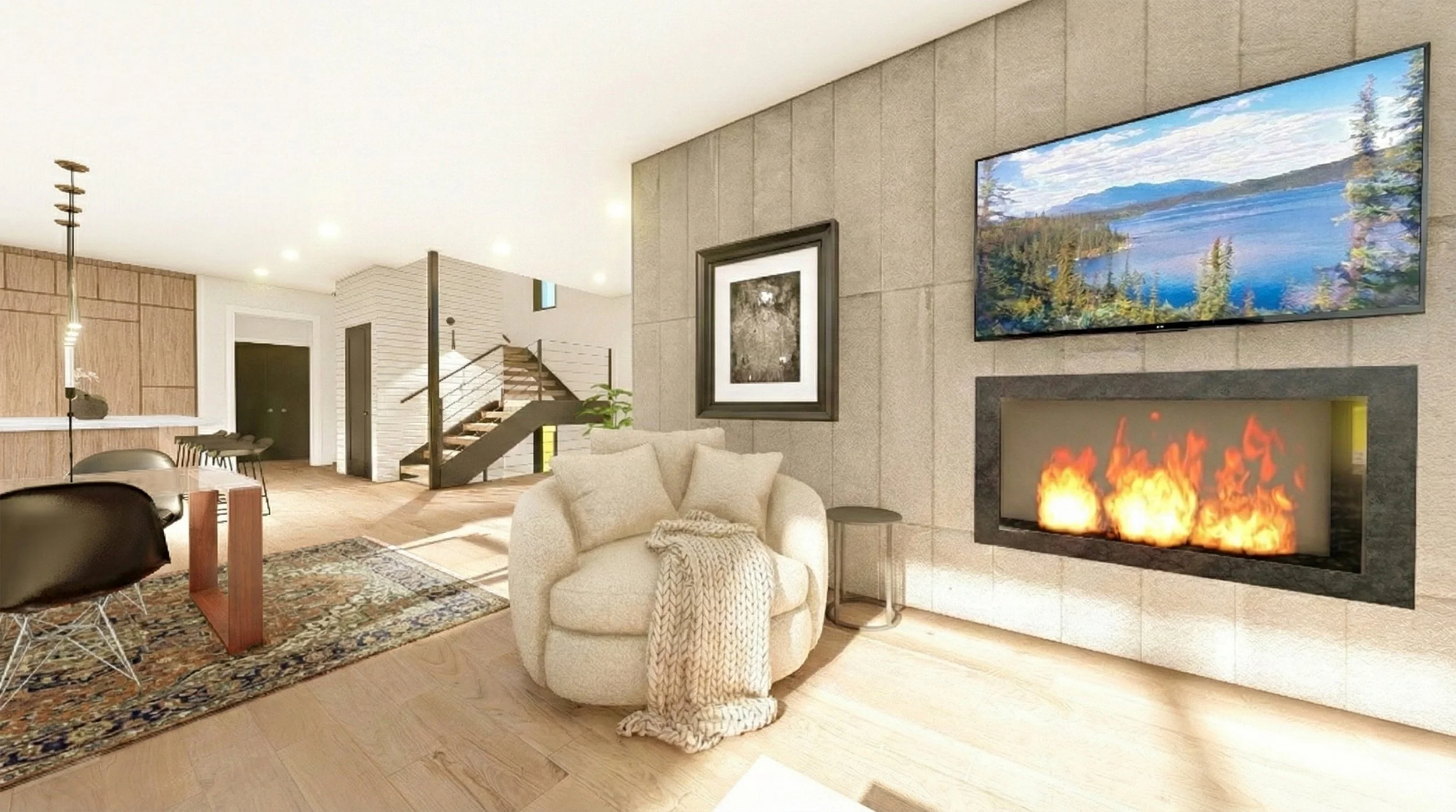 Living room with a beige armchair, throw blanket, fireplace, wall-mounted TV showing a lake scene, picture frame, and staircase leading upstairs.