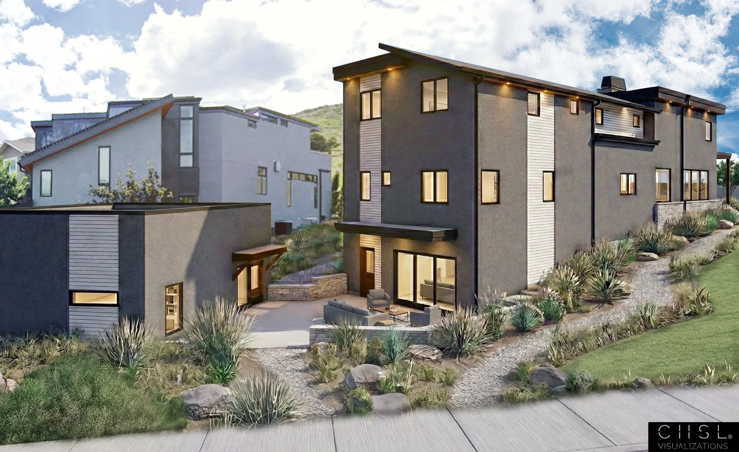 A modern multi-story house with a landscaped yard featuring drought-resistant plants, a patio with outdoor furniture, and large windows, set against a partly cloudy sky.