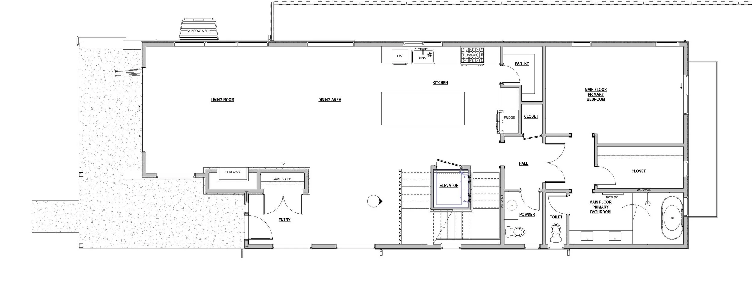 Floor plan of a house showing an entry, living room, dining area, kitchen, primary bedroom with bathroom, additional pantry, hall, laundry, powder room, toilet, and an elevator.