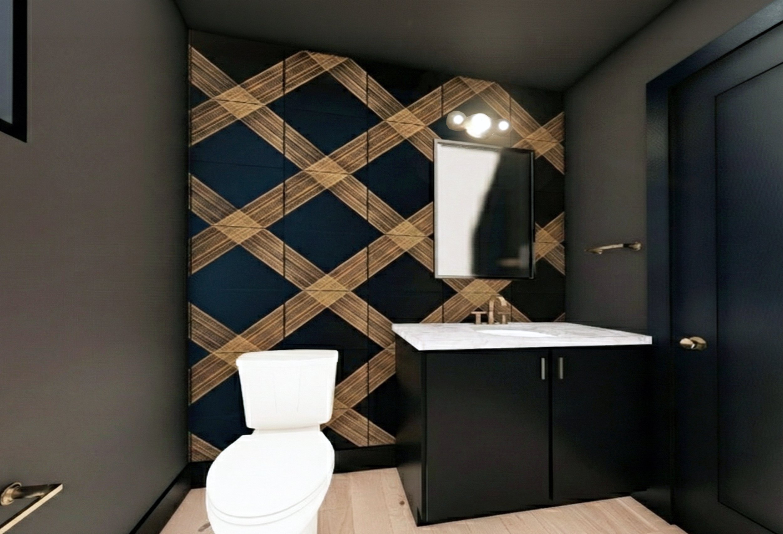 Modern bathroom with dark walls, a white toilet, black vanity with a marble countertop, and a decorative wall with gold and dark blue geometric pattern