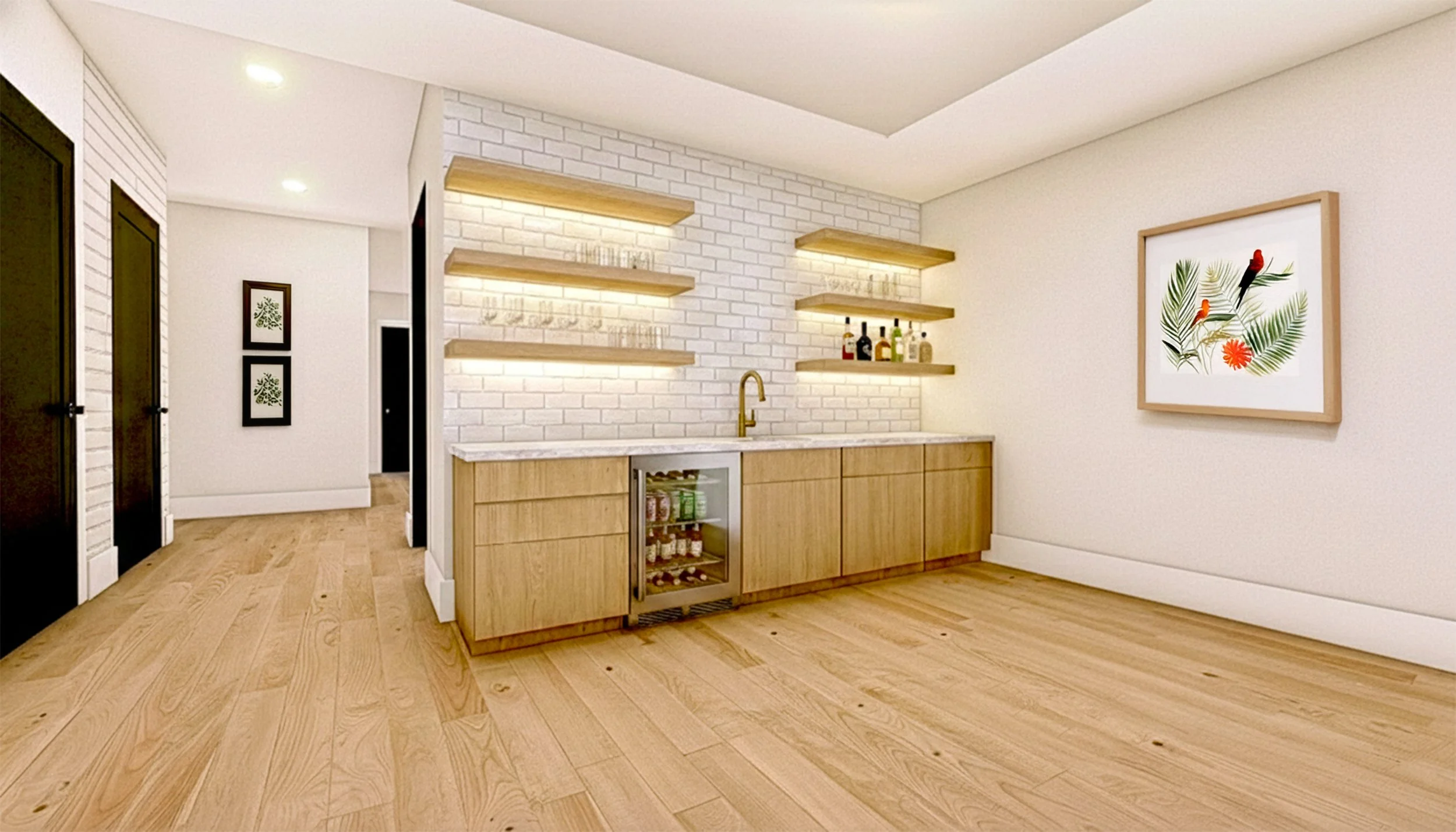 Modern kitchen area with white brick walls, wooden shelves holding glasses and bottles, a marble countertop with a gold faucet, a closed mini fridge, and framed art with tropical leaves and red birds on white walls. Hardwood floors are throughout.