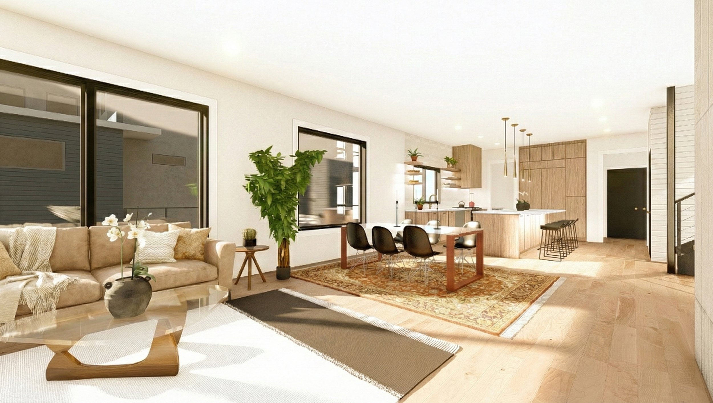 Modern open-concept living room and kitchen with beige sofa, potted plants, wooden dining table with black chairs, kitchen island, hanging pendant lights, and hardwood flooring.