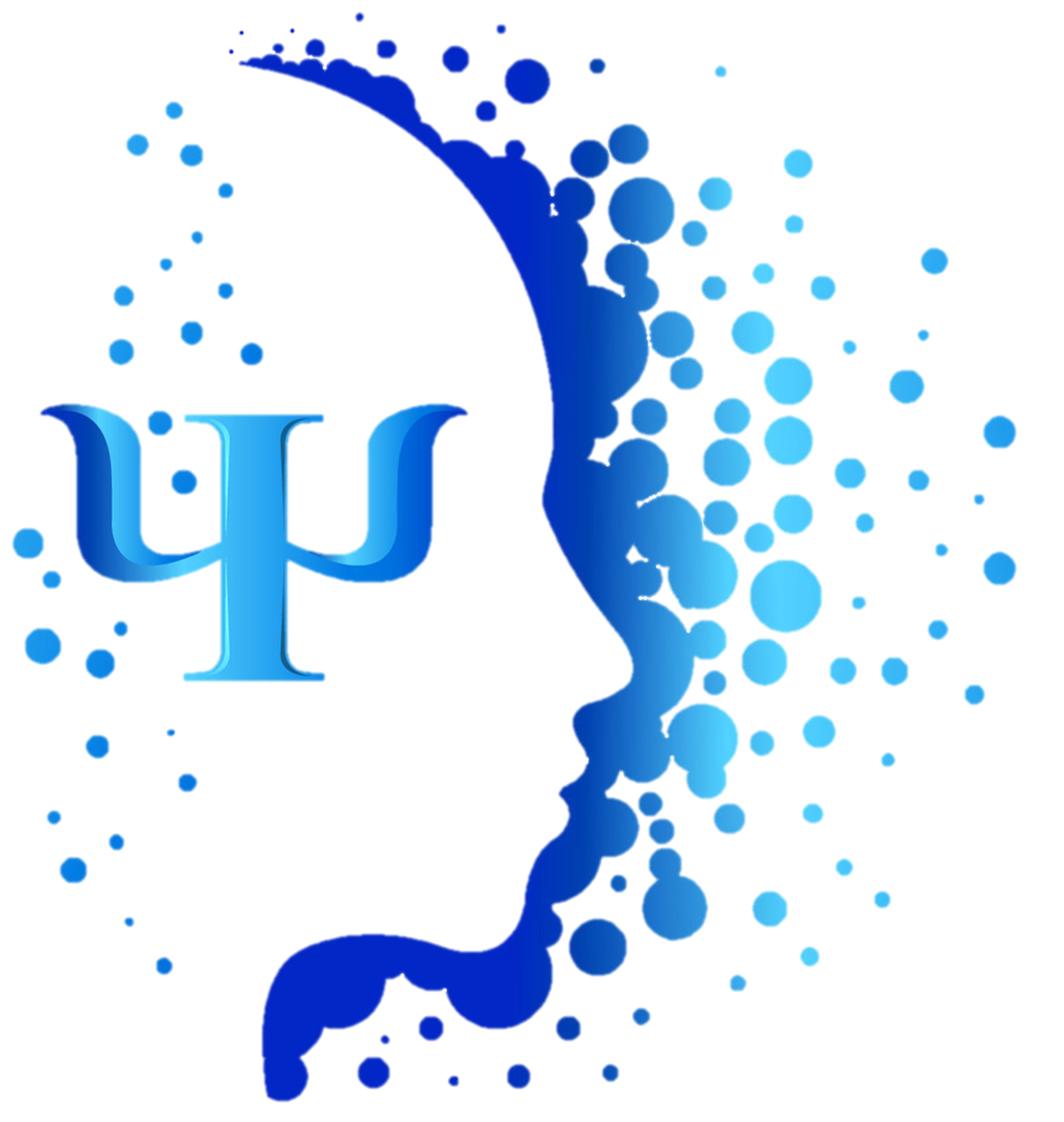 Un profil de visage humain avec des cercles bleus et un symbole grec psi à gauche.