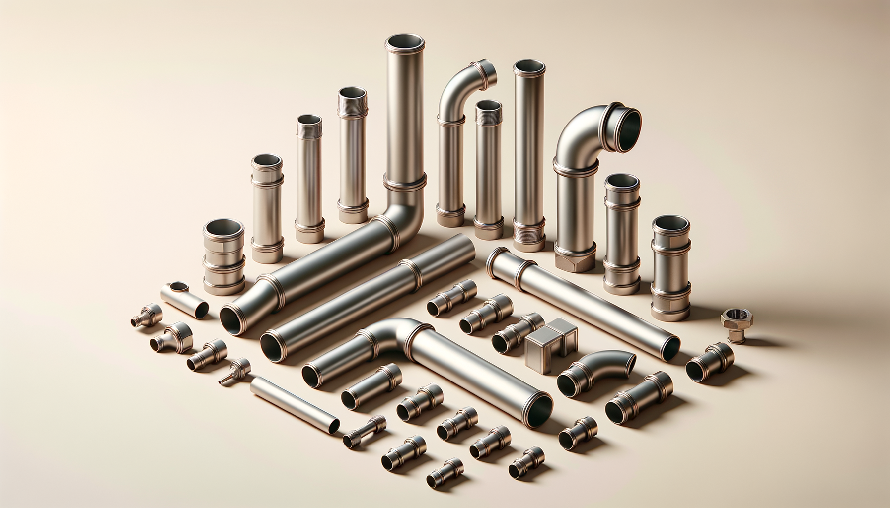 Various metal pipes and fittings arranged on a beige background.