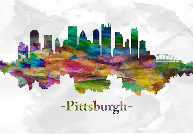 Watercolor illustration of the Pittsburgh skyline with colorful buildings and the city's name beneath.