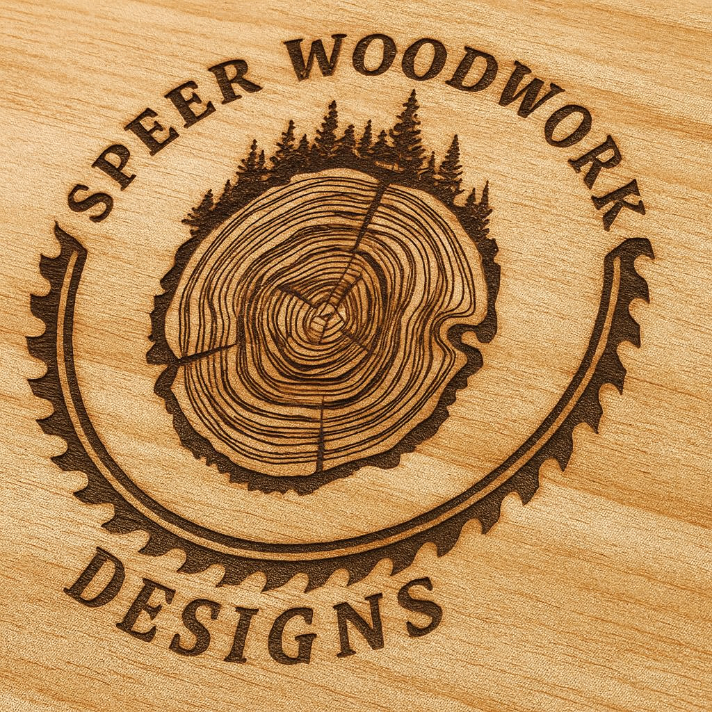 A wooden piece with a laser-engraved logo of Spier Woodwork Designs. The logo features a cross-section of a tree trunk with rings and a background of pine trees. The text "Spier Woodwork Designs" is arched above and below the tree rings.