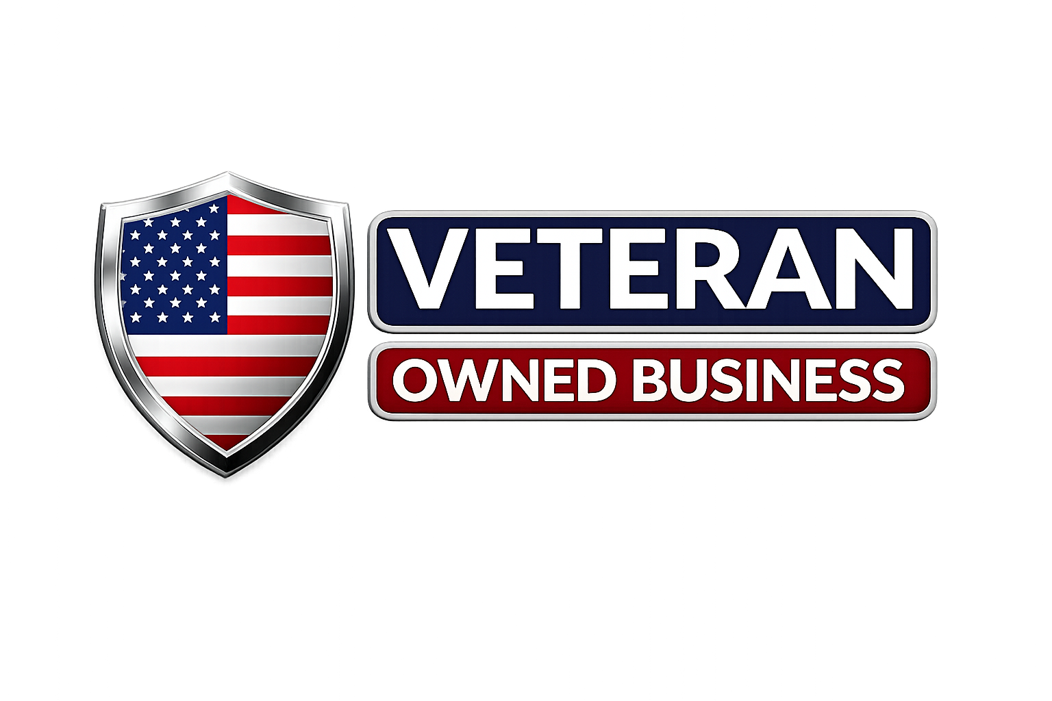 A badge with an American flag shield and the text "Veteran Owned Business" in blue and red blocks.
