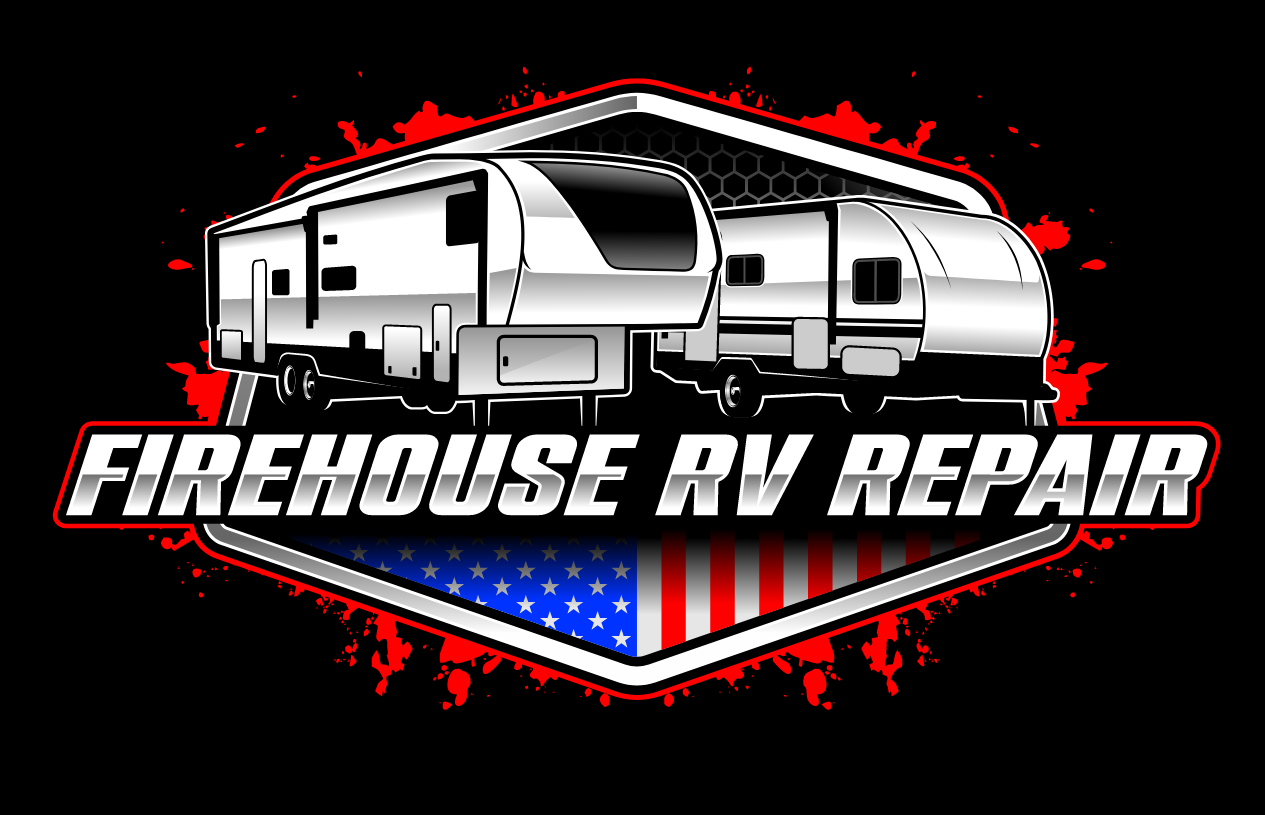 Logo for Firehouse RV Repair featuring two silver recreational vehicles, a forest green background with red paint splatters, and a patriotic American flag design.