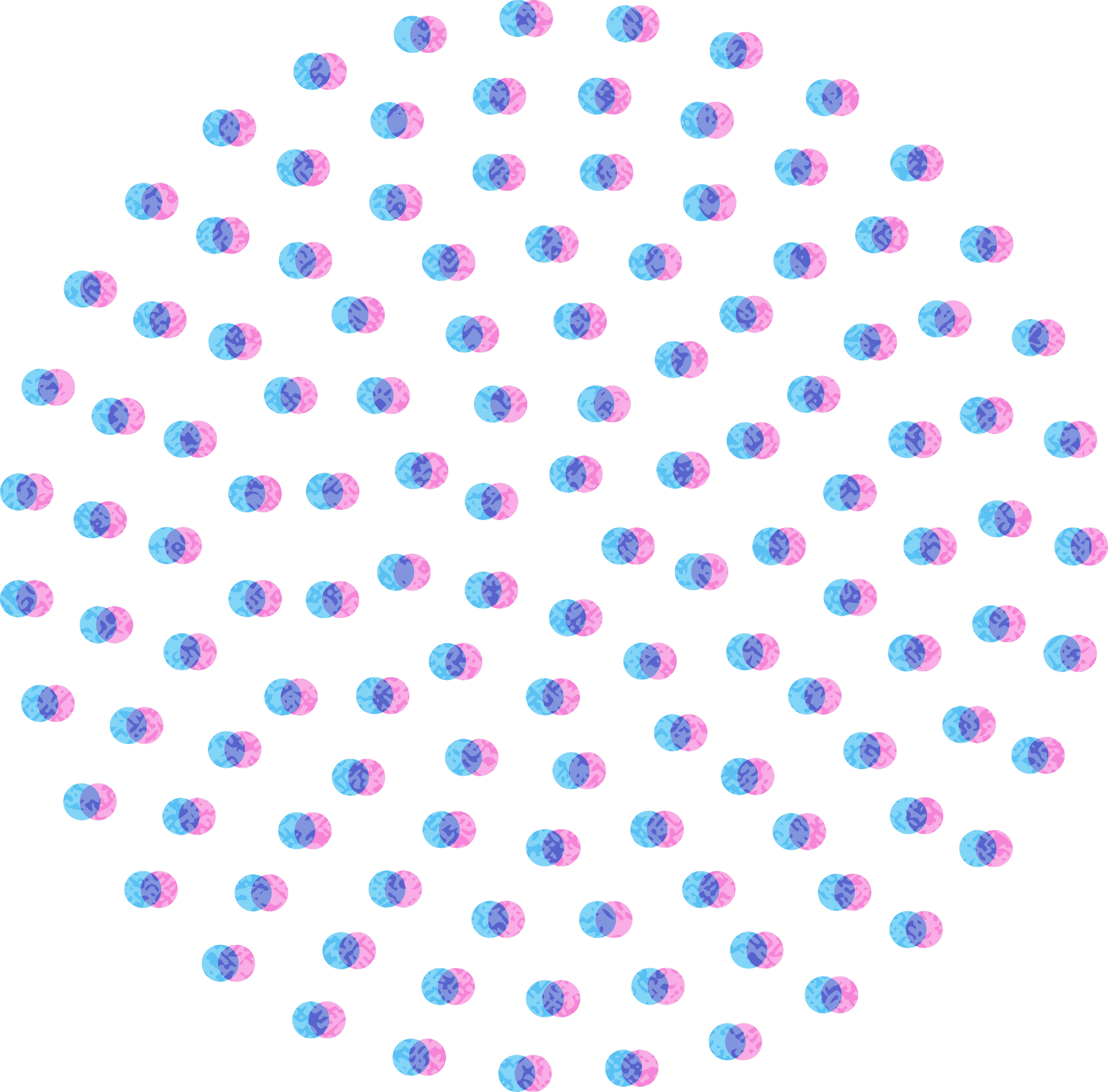Numerous small pills or tablets in pink and blue, arranged in a pattern on a black background.