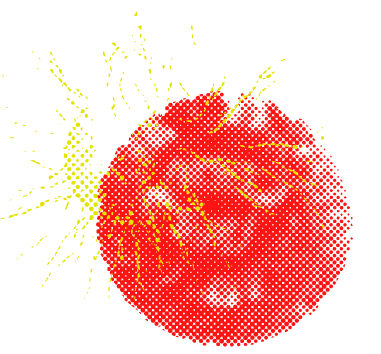 Pixelated image of a red firework explosion with yellow sparks on a black background.