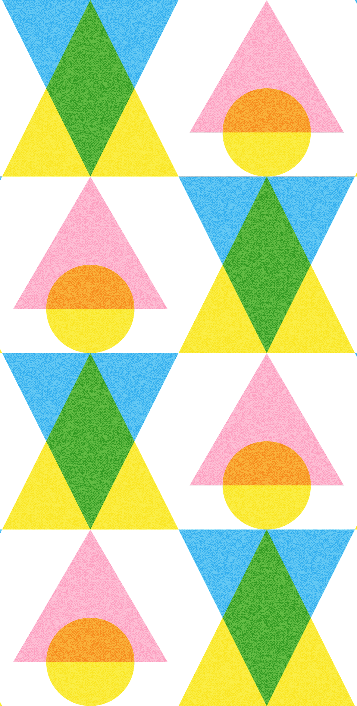 Pattern of colorful geometric shapes including pink triangles with orange-yellow circles, green diamonds, yellow triangles, and blue triangles on a black background.