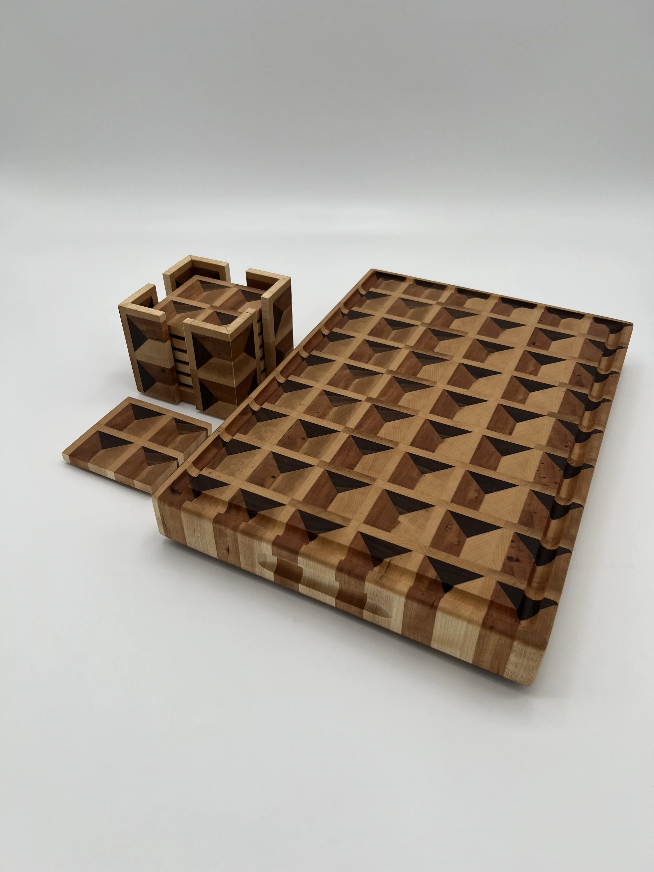 End Grain 3D Design Cutting Board with Matching Coaster Set - 17  1/8