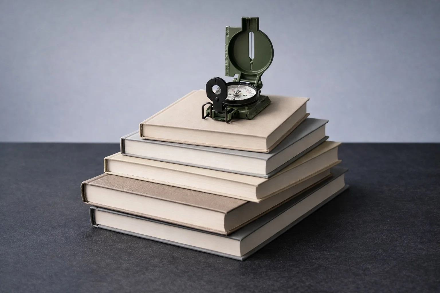 A stack of seven closed books in neutral tones with a compass on top, in a gray and black setting.
