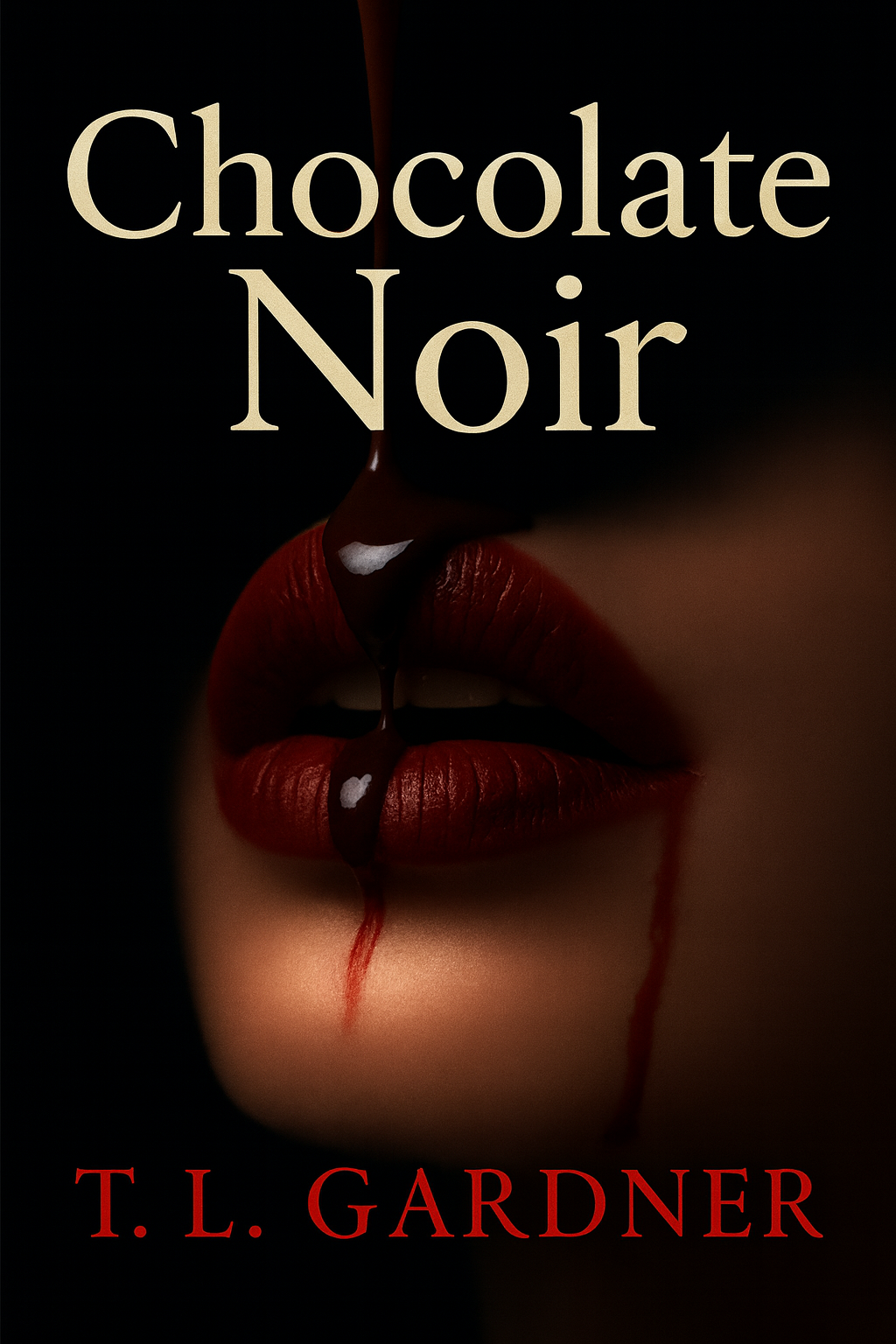 Book cover titled 'Chocolate Noir' by T. L. Gardner. Features a close-up of red lips with dark chocolate and blood drips, partially obscured by darkness.
