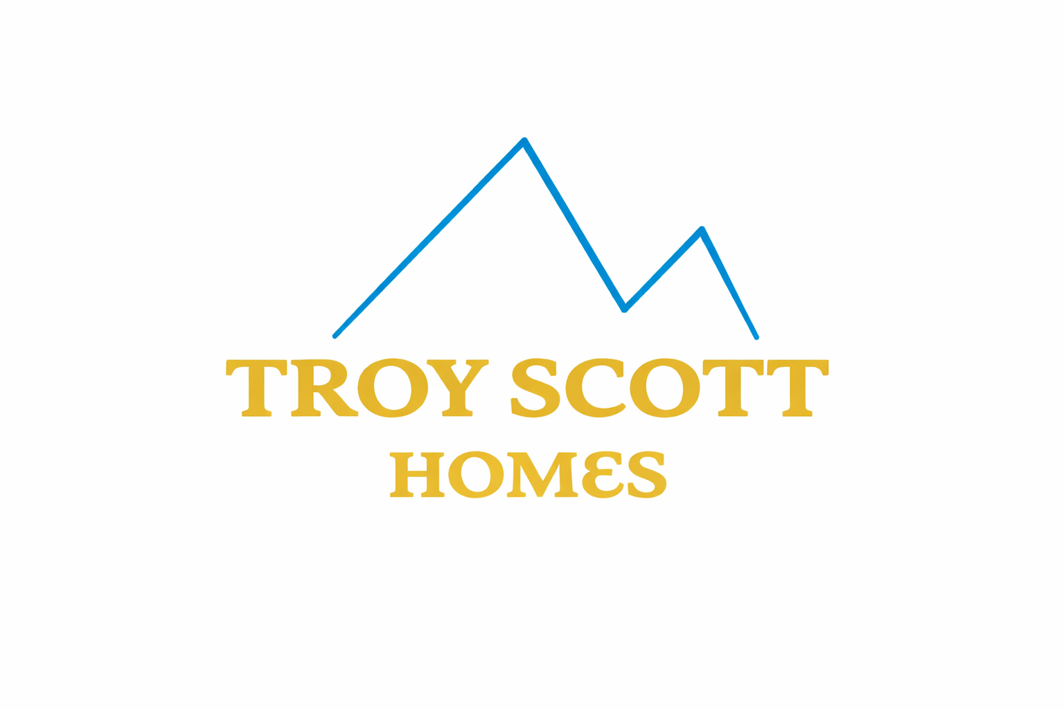 Logo for Troy Scott Homes featuring a stylized mountain with a blue line and gold text.