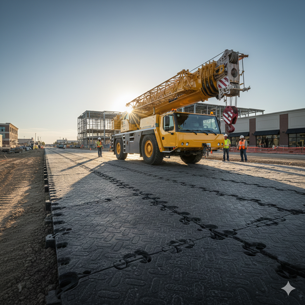 Construction workers in safety gear working on a road construction site with a large yellow crane truck, with buildings under construction in the background.