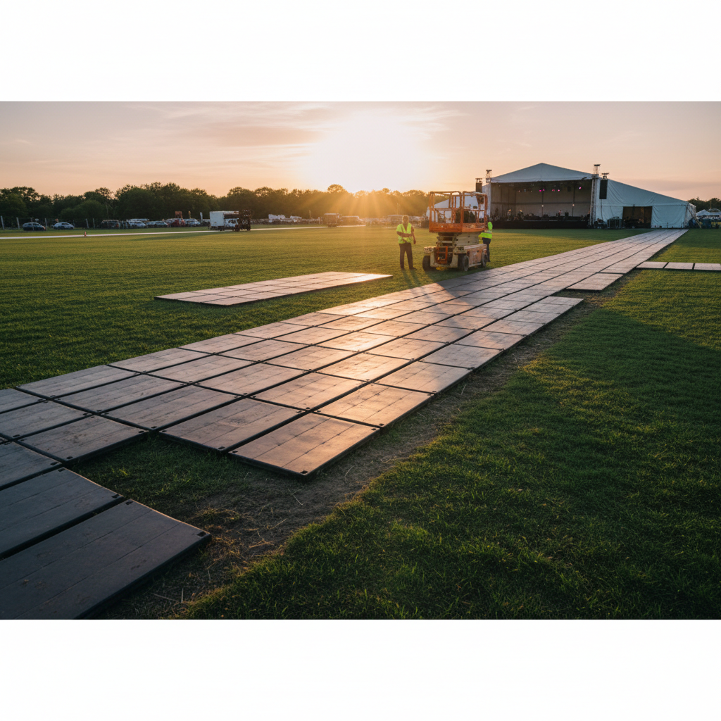 Setup of portable flooring panels on a grassy field for an event, with workers and a large tent in the background during sunset.
