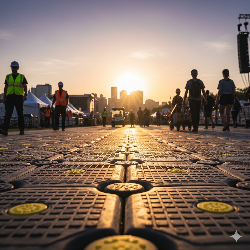 People walking on a patterned open space ground during sunset, with tents and city buildings in the background.