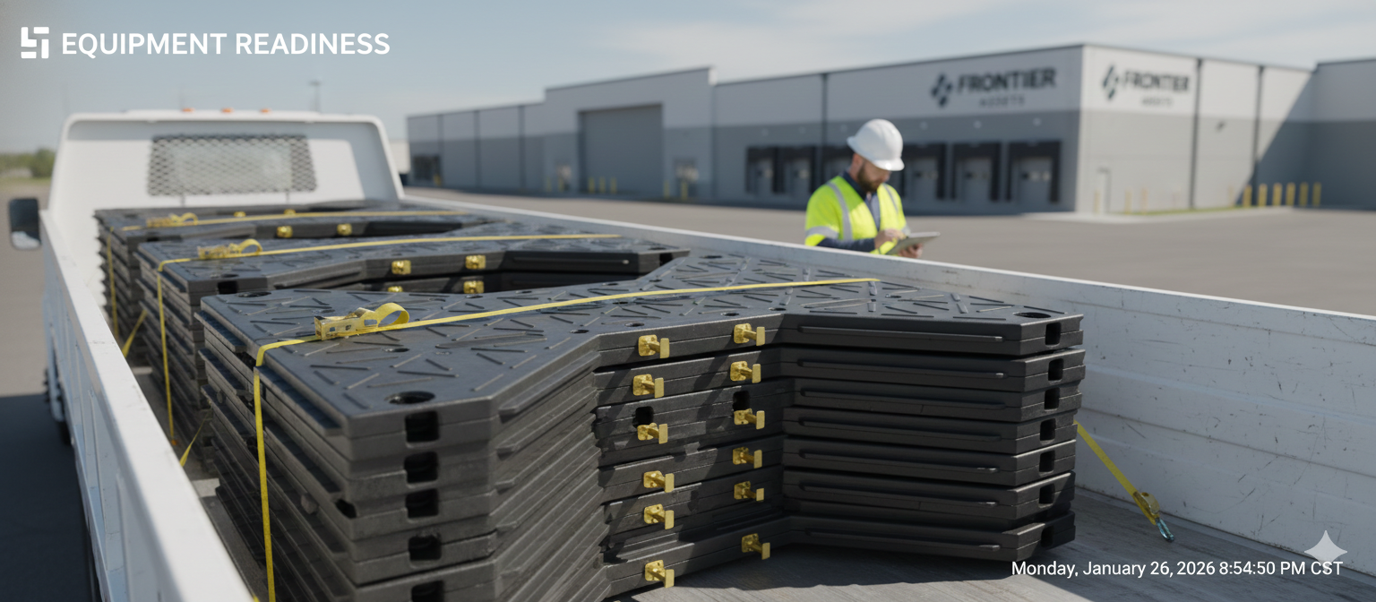Construction worker in a yellow safety vest and white helmet looking at a tablet beside a truck loaded with black equipment mats secured with yellow ratchet straps.