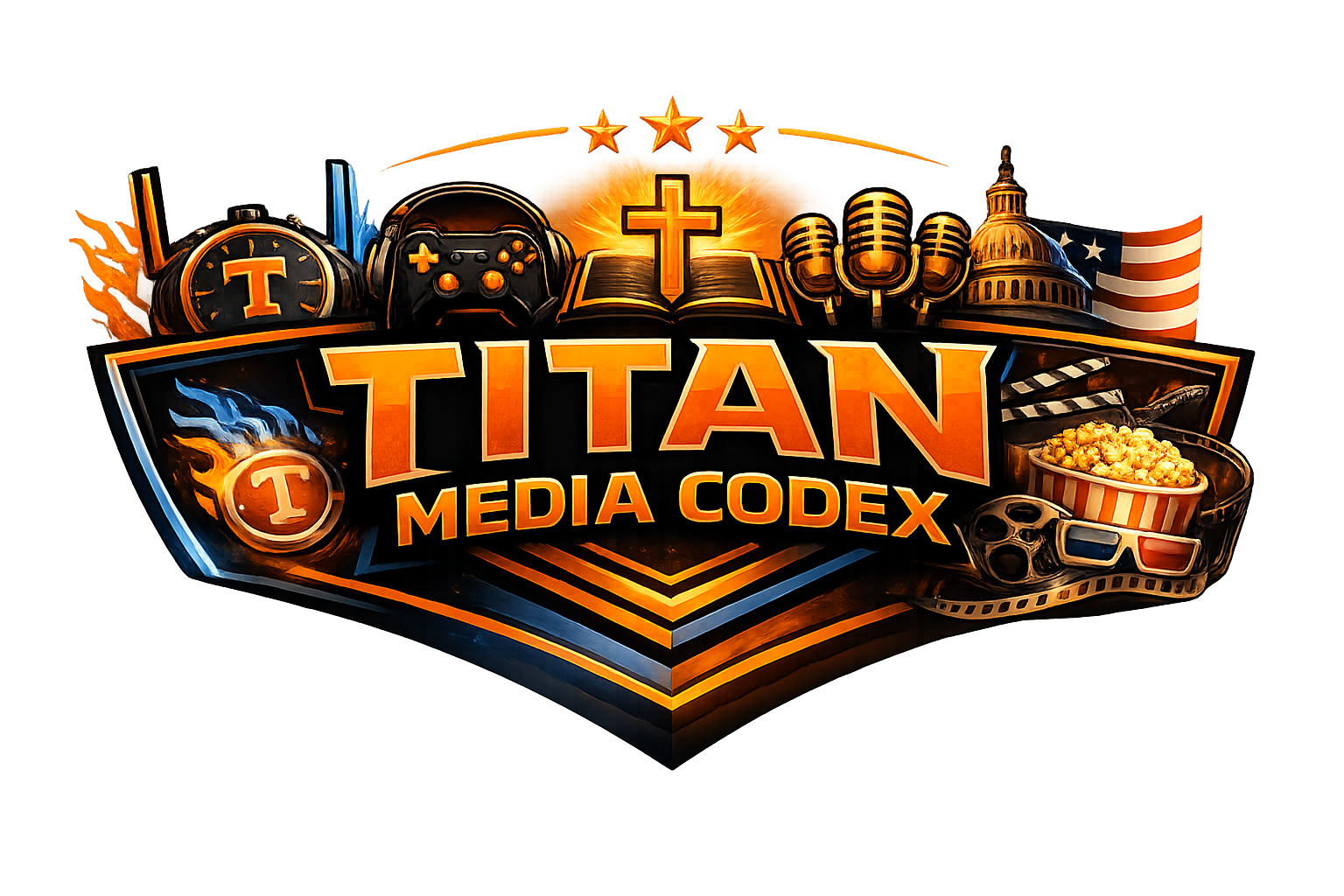 Logo for TITAN Media Codex featuring game controller, popcorn, film reel, and US Capitol building, with stars, cross, and American flag icons.