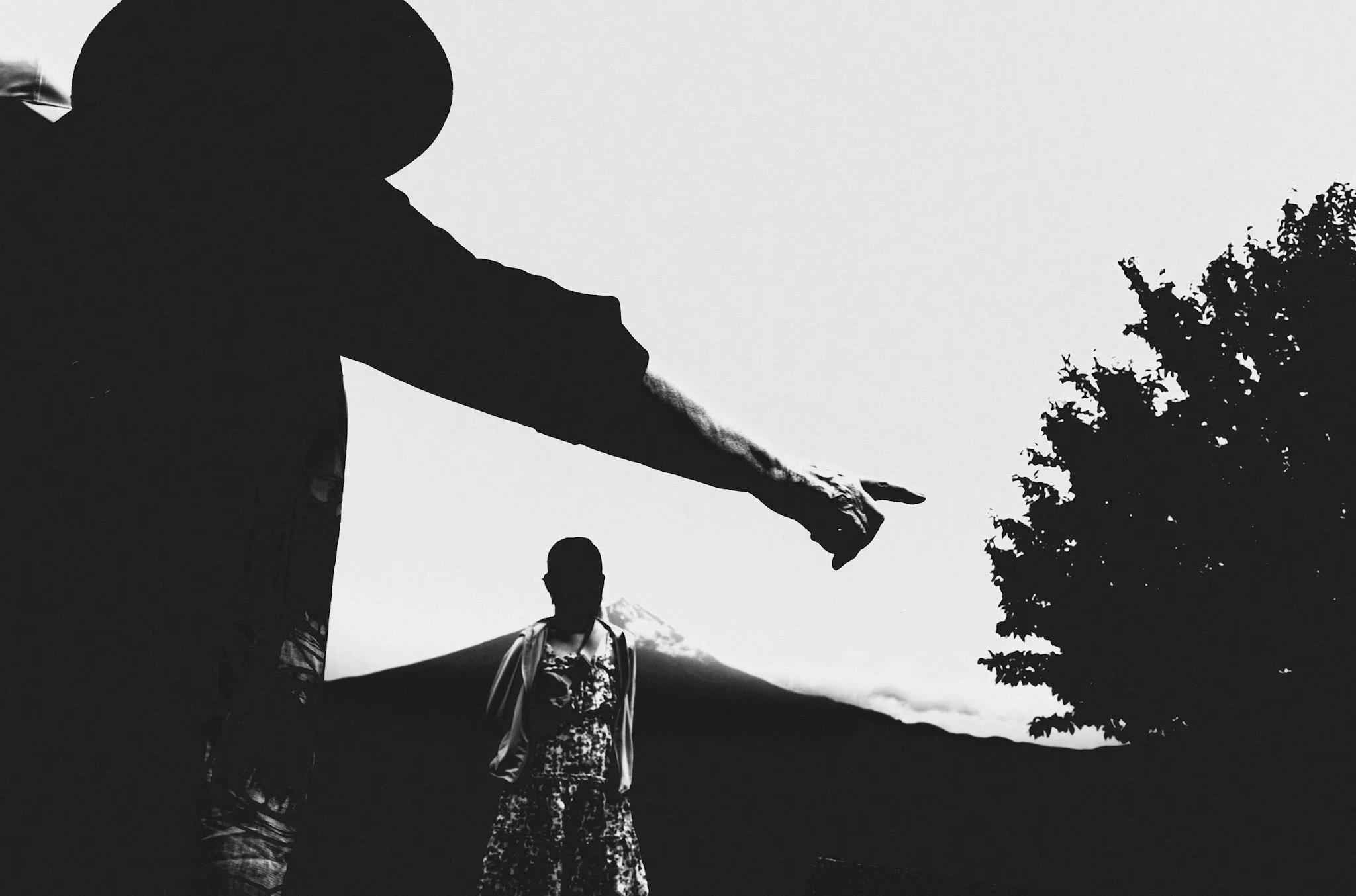 Silhouettes of two people outdoors with a mountain in the background, one person pointing toward the sky and the other standing nearby, with trees on the right side.